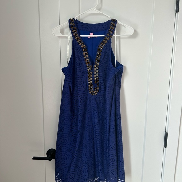 green emerald velvet dress Lilly Pulitzer Pearl Soft Shift Dress Size 0 Blue Gold Trim #28822